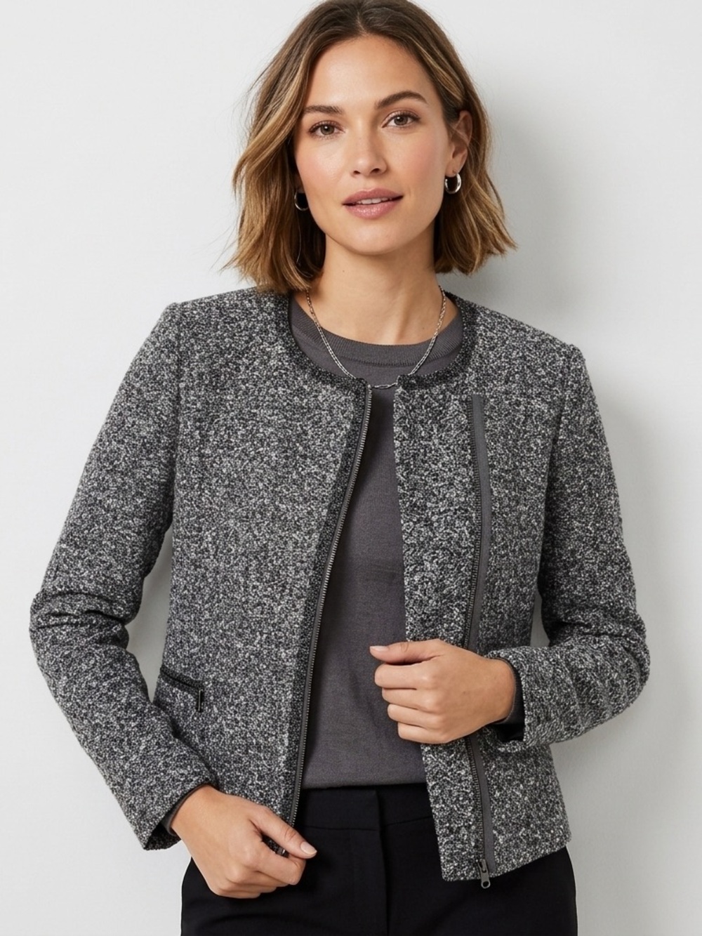 LOFT Full Zip Jacket Blazer Cropped Moto Knit Career Chic in Heather Gray Size 8 - Picture 7 of 7